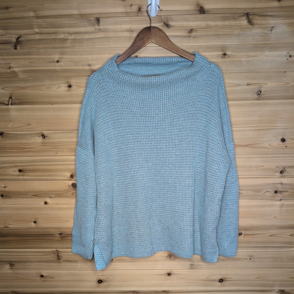 Eileen Fisher Organic Cotton Tencel Boxy Waffle Knit Sweater Light Blue Small